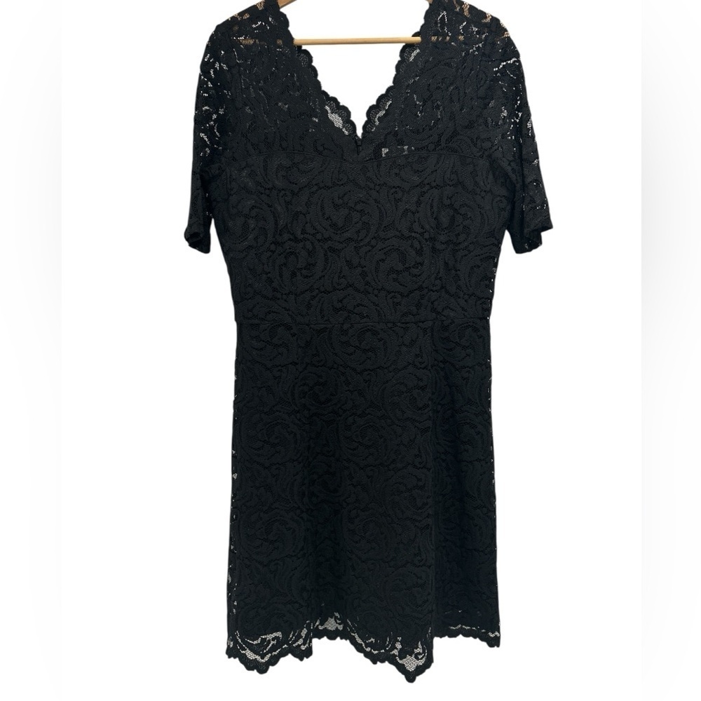 Garnet Hill Black Lace V Neck Short Sleeve Fit and Flare Midi Dress - Size 8